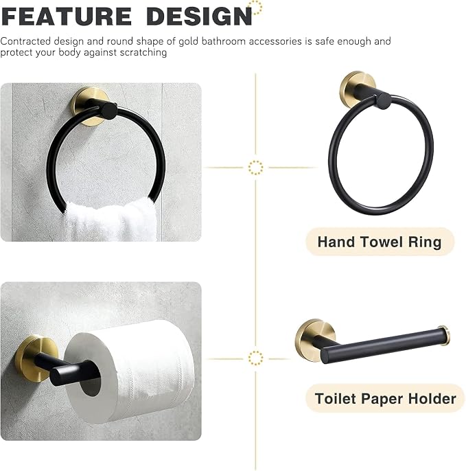 Bathroom Hardware Set 3 Piece Black&Gold Wall Mounted Stainless Steel Hardware Towel Bar Set Gold Bathroom Accessories Towel Rack Set Kit Includes 2 Hand Towel Ring, Toilet Paper Holder