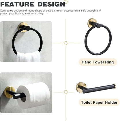 Bathroom Hardware Set 3 Piece Black&Gold Wall Mounted Stainless Steel Hardware Towel Bar Set Gold Bathroom Accessories Towel Rack Set Kit Includes 2 Hand Towel Ring, Toilet Paper Holder