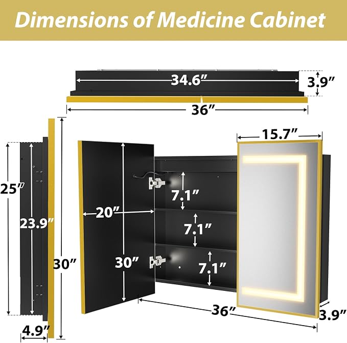 APRILSOUL 36x30 Inch Lighted Bathroom Medicine Cabinet with Mirror, Gold Recessed or Surface Mount Medicine Cabinet Mirror with Storage and LED Lights, 3 Colors Temperature, Dimmable Light