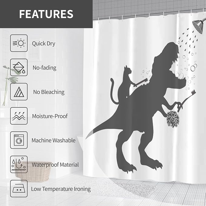Funny Dino Dinosaur Cat Kids Boy Fun Shower Curtain for Bathroom 72W*72H Inch Trex Raptor Silhouette Bathing Cartoon Animal Shadow Bathtub Decor Teen Cute Waterproof Polyester Fabric Set with 12 Hooks