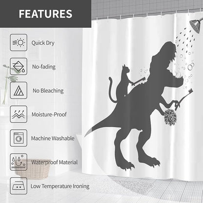 Funny Dino Dinosaur Cat Kids Boy Fun Shower Curtain for Bathroom 72W*72H Inch Trex Raptor Silhouette Bathing Cartoon Animal Shadow Bathtub Decor Teen Cute Waterproof Polyester Fabric Set with 12 Hooks