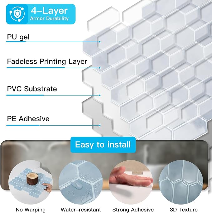 Art3d Hexagon Peel and Stick Backsplash, 10-Pack, 12 x 12 Inch, Light Blue | Superior Thickness, Reliable Adhesion, Warp Resistant, Minimalist Style, Easy to Install, for Kitchen Countertops, Bedroom