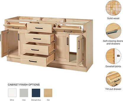 ARIEL Hepburn 66-inch Bathroom Vanity Base Cabinet,Solid Wood, 4 Soft Closing Doors, 6 Dovetail Drawers, White Oak