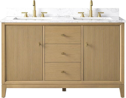 Vanity Art 54" Bathroom Vanity with Double Sink & Arabescato White Engineered Stone Top, Vanity Cabinet with Soft Closing Door, Solid Wood Frame, Golden Brushed Handles, Natural Oak VA8154D-NO-GB