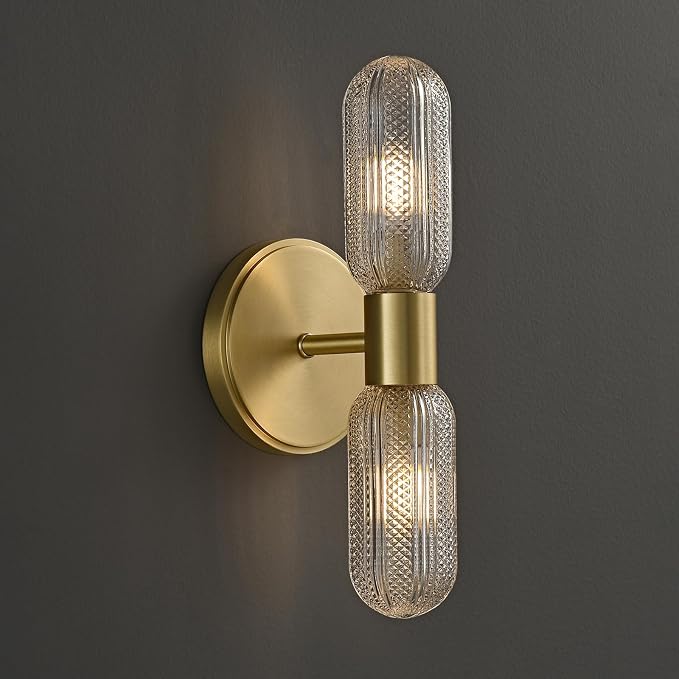 Brushed Brass Wall Sconce, Knurled Double Glass, Bulb Included | 12.3in 2-Light Hardwired Wall Light,Perfect for Bathroom Living Room Vanity Mirror Bedroom Hallway and Entryway