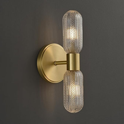 Brushed Brass Wall Sconce, Knurled Double Glass, Bulb Included | 12.3in 2-Light Hardwired Wall Light,Perfect for Bathroom Living Room Vanity Mirror Bedroom Hallway and Entryway