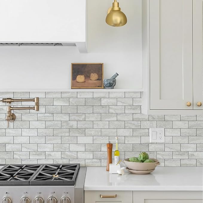 STICKGOO 1/3 Sheet Subway Tile Peel and Stick Backsplash, Beige Stone Texture with Grey Grout Kitchen Backsplash Wall Tile(Only 1/3 Sample)