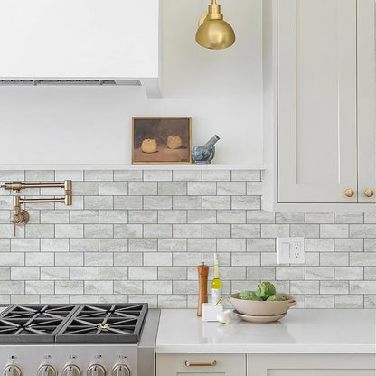 STICKGOO 1/3 Sheet Subway Tile Peel and Stick Backsplash, Beige Stone Texture with Grey Grout Kitchen Backsplash Wall Tile(Only 1/3 Sample)