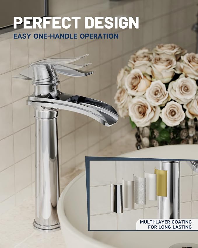 Chrome Vessel Sink Faucet Brass Waterfall Bathroom Faucet Single Hole | with Pop Up Drain Assembly and Supply Hoses, Single Handle Tall Bathroom Faucets Lavatory Vanity Mixer Tap by BATHLAVISH