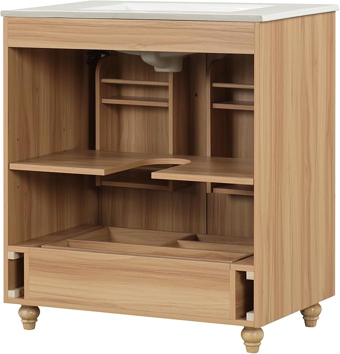 LUMISOL 30" Bathroom Vanity with Sink, Small Single Bathroom Vanity with Drawer and Soft-Close Doors, Storage Racks, Wooden Freestanding Bathroom Cabinet with Ceramic Sink, Natural