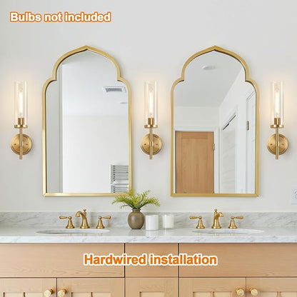 [Hardwired] Wall Sconces Set of Two, Brushed Gold Bathroom Sconces with Clear Glass, Modern Wall Light Fixtures for Bathroom Mirror Vanity, Living Room, Bedroom, Hallway, Stairway, Cabinet, Foyer