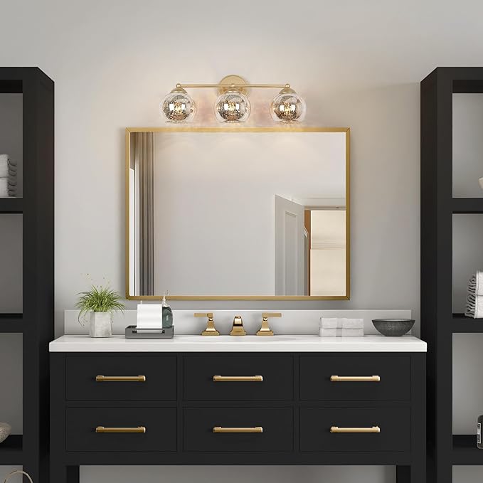 KSANA 3-Light Gold Vanity Light, Modern Globe Bathroom Light Fixtures with Mercury Glass Shades Over Mirror