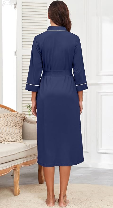 PrinStory Robes for Women 3/4 Sleeve Long Bath Robe XS-4XL | V-Neck Knit Bathrobe with Pockets, Lightweight, Soft, Breathable Robes for Shower, Spa, Travel, Home, Party, Nursing
