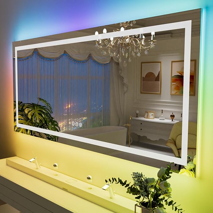 LOAAO 60"X40" RGB LED Bathroom Mirror with Lights, UL Listed | Anti-Fog, Dimmable, RGB Backlit + Front Lighted, Memory Function, Tempered Glass