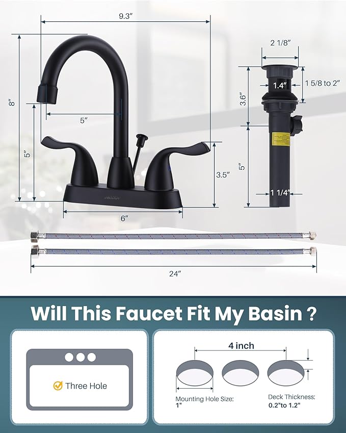 ARCORA Matte Black Bathroom Faucet, 4 Inch Centerset Bathroom Sink Faucet with Drain Assembly and Supply Hoses, 2 Handle Basin Faucet