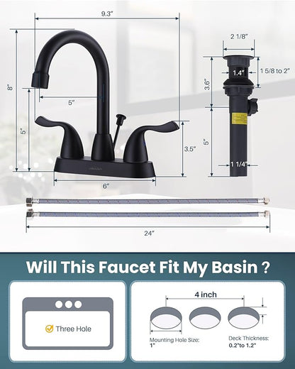 ARCORA Matte Black Bathroom Faucet, 4 Inch Centerset Bathroom Sink Faucet with Drain Assembly and Supply Hoses, 2 Handle Basin Faucet