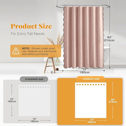 BTTN Extra Long Shower Curtain, 72x84 Scalloped Boho Linen Textured Heavy Duty Cloth Shower Curtain Set with Hooks, Tall Modern Cute Decorative Waterproof Fabric Shower Curtain for Bathtub, Blush Pink