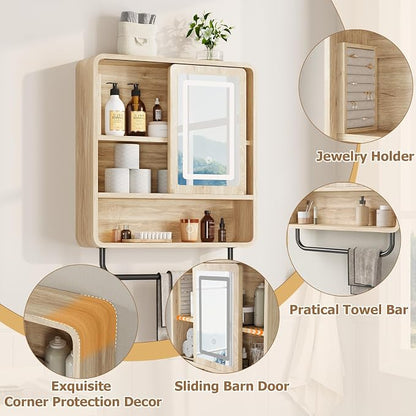 Modern Bathroom Wall Cabinet, Medicine Cabinets with Mirror, Over The Toilet Storage Cabinet for Bathroom, Towel Bar, Sliding Door, 3 Lighting Modes, Adjustable Brightness, Natural Oak