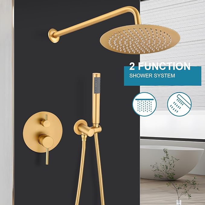 Brushed Gold Shower Faucet Set, Bathroom Rainfall Shower System Fixture 10 Inch High Pressure Round Rain Shower Head with Handheld Sprayer Combo Wall Mount with cUPC Certified Rough-in Valve