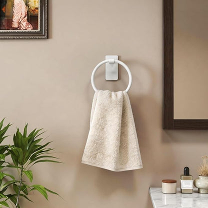 STWWO Hand Towel Holder Adhesive, Round Towel Ring for Bathroom RV, White | for Bath RV Kitchen, Self Adhesive Wall Mounted, No-Drill Stick On Renter Friendly