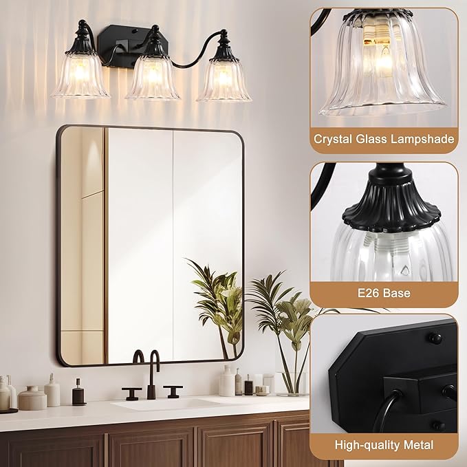 Black Vintage Bathroom Vanity Light Fixture, 3-Light Vanity Light for Bathroom, Antique Matte Black Finish with Crystal Glass Shade, Lighting Fixtures Over Mirror for Bedroom Living Room