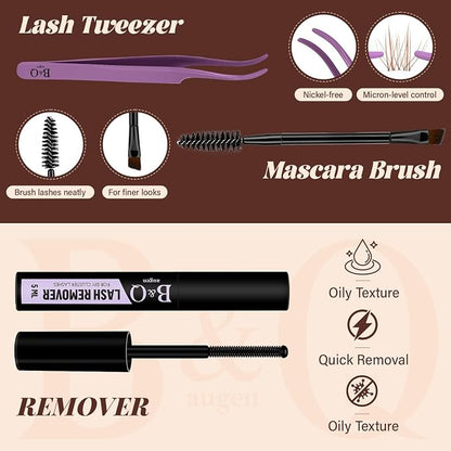 B&Q Brown Lash Clusters Kit Natural Mochalash Clusters 01, Brown Eyelash Clusters Kit C-Curl Cluster Eyelash Extensions 8-16mm Wispy Lash Eyelashes Kit for Fair/Dark Hair(Mochalash 01 Set)