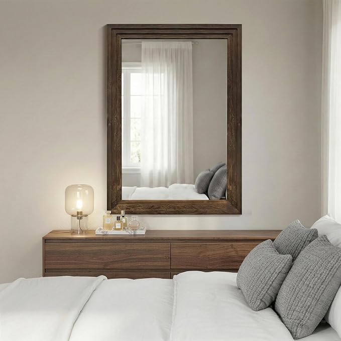 Farmhouse Rustic Wood Framed Bathroom Vanity Mirror for Wall, 24x36, Brown | Recessed Stepped Solid Wood Frame, HD Shatterproof Glass, Vertical/Horizontal Mount, for Bathroom Sink, Living Room, Entryway