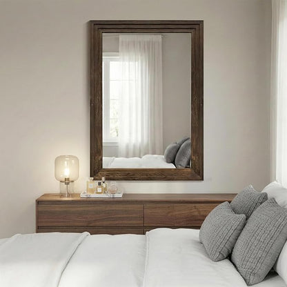 Farmhouse Rustic Wood Framed Bathroom Vanity Mirror for Wall, 24x36, Brown | Recessed Stepped Solid Wood Frame, HD Shatterproof Glass, Vertical/Horizontal Mount, for Bathroom Sink, Living Room, Entryway
