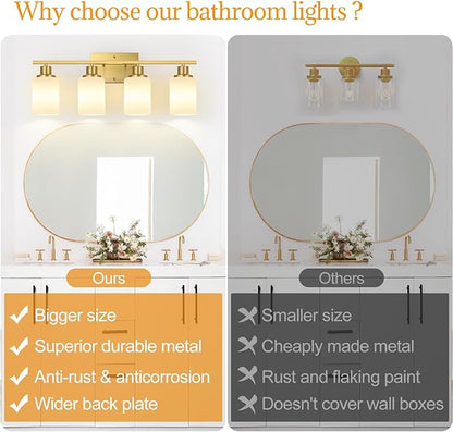 4-Light Bathroom Light Fixtures, Brushed Gold Vanity Lights with Milk Glass Shades, Modern Bathroom Wall Lamp for Mirror Living Room Bedroom Porch