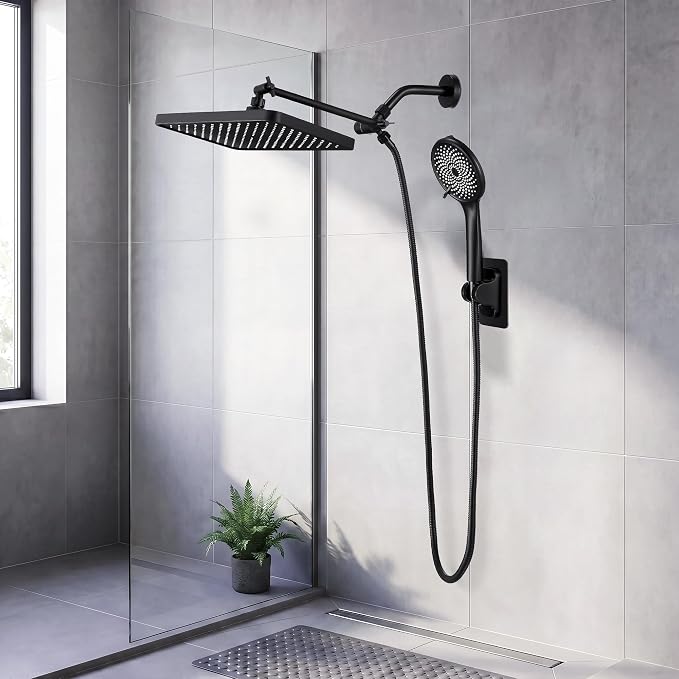 Shower Head with Handheld, Built-in Power Wash Mod High Pressure Rain Showerhead Spray Combo Set, Adjustable 13" Dual Tandem Shower Heads - Matte Black