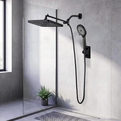 Shower Head with Handheld, Built-in Power Wash Mod High Pressure Rain Showerhead Spray Combo Set, Adjustable 13" Dual Tandem Shower Heads - Matte Black