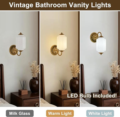 Milk Glass Sconce Set of 2 Vintage Vanity Sconces Bulb Included | Milk Glass Art Deco Antique Wall Sconce Wall Light for Bedroom Bathroom Living Room Entryway, Antique Retro and White 2 Pack