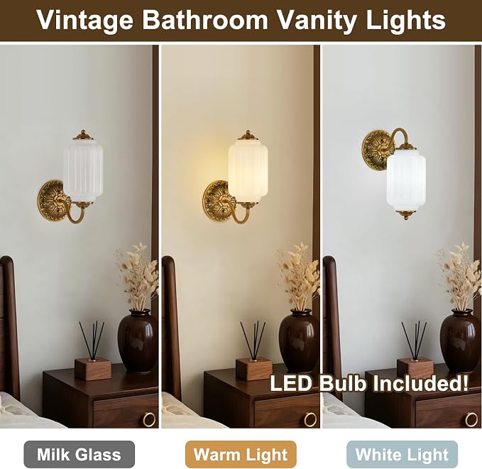 Milk Glass Sconce Vintage Vanity Sconces Brass, Bulb Included | Milk Glass Art Deco Antique Wall Sconce Wall Light for Bedroom Bathroom Living Room Entryway, Retro Gold and White 1 Pack