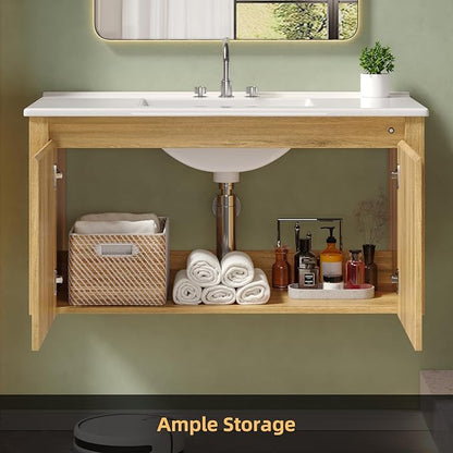 ONBRILL Modern Bathroom Vanity with Sink, Floating Bathroom Vanities with Auto Motion Sensor LED Light, 3 Hole Integrated Ceramic Basin & Soft Closing Doors for Small Space, Hotel (36",Nature)