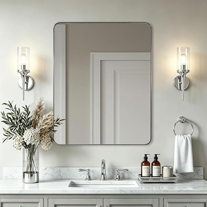 Chrome Bathroom Mirrors for Over Sink, 24x32 Inch Polished Silver Mirror for Wall, Rectangular Metal Framed Vanity Mirror -Modern Clean Design with Superior Stainless Steel Frame