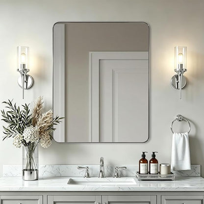 Chrome Bathroom Mirrors for Over Sink, 24x32 Inch Polished Silver Mirror for Wall, Rectangular Metal Framed Vanity Mirror -Modern Clean Design with Superior Stainless Steel Frame