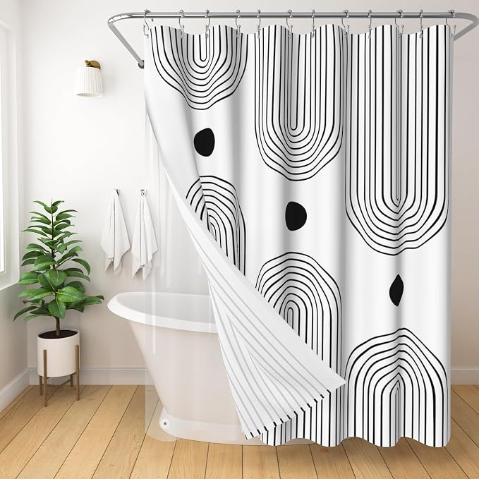 3 in 1 Shower Curtain Set, Boho Mid Century Modern, White and Black | Polyester Bath Curtain with Magnetic PEVA Liner and 12 Double Sided Stainless Steel Hooks 72x72 Inches