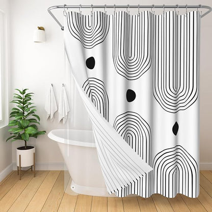 3 in 1 Shower Curtain Set, Boho Mid Century Modern, White and Black | Polyester Bath Curtain with Magnetic PEVA Liner and 12 Double Sided Stainless Steel Hooks 72x72 Inches