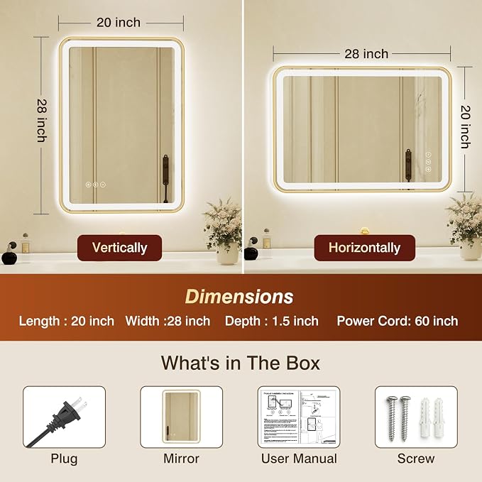 20x28 Inch Gold Framed LED Bathroom Mirror with Lights, Built-in Bluetooth Speaker, Dimmable Lighted Bathroom Vanity Mirror with 3 Colors, Backlit + Frontlit, Memory, Anti-Fog