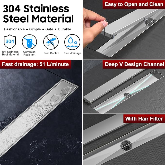 DLONE® Linear Shower Drain - 12 Inch Brushed Nickel, with Tile Insert Panel | AISI 304 Stainless Steel Linear Drain, Rectangle Shower Floor Drain, with Adjustable Feet, Fits Bathroom & Balcony etc