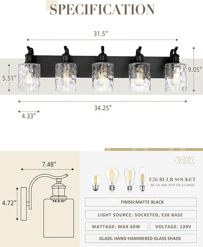 5-Light 34 Inch Bathroom Vanity Light,Hammered Glass,Black | Over Mirror Wall Light,E26 sockets,for bathroom mirror,powder room,dressing area,wall-mounted vanity lighting