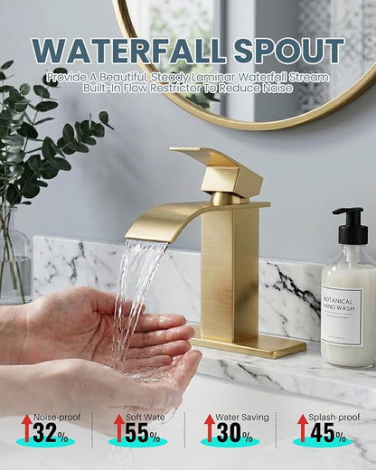 Brushed Gold Waterfall Bathroom Faucet - ARCORA Single Handle Bathroom Sink Faucet Mixer Tap Lavatory Vanity Sink Faucet with Deck Plate and Pop Up Drain, 1 or 3 Hole