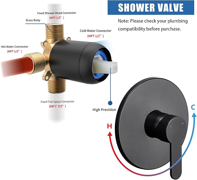 Tohlar Black Shower Faucet Set with Valve, 6-Inch Rain Shower Head and Faucet Combo, Single Handle Tub and Shower Trim Kit with Tub Spout, Matte Black