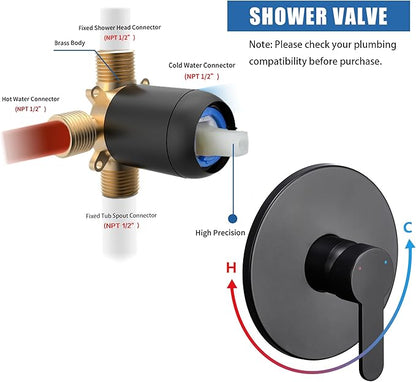 Tohlar Black Shower Faucet Set with Valve, 6-Inch Rain Shower Head and Faucet Combo, Single Handle Tub and Shower Trim Kit with Tub Spout, Matte Black