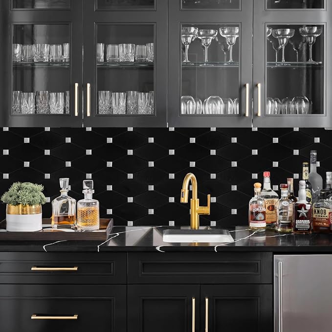 STICKGOO Peel and Stick Backsplash, 10 Sheets Kitchen Mosaic Tile Sticker, Black Brushed Aluminum Composite Panel, Stick on Backsplash for Kitchen, Countertop, Bathroom Vanity