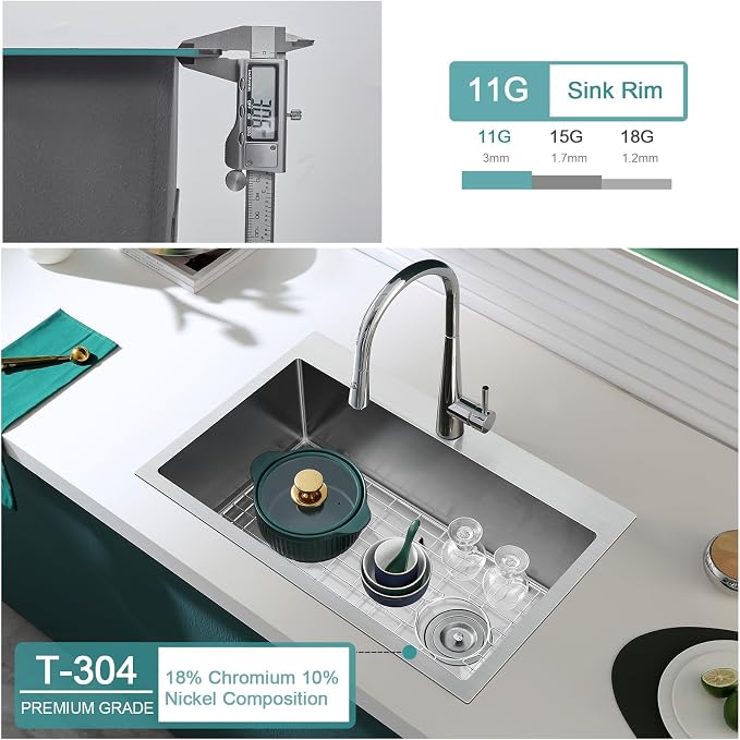Brushed Topmount Kitchen Sink - 25”×18” Single Bowl Sink, Sink Grid | 9 Inch Deep Handmade Bar Sink with Strainer, Stainless Steel 304, Right Side Drain, X-Groove Drainage, Sound-Dampening Pad