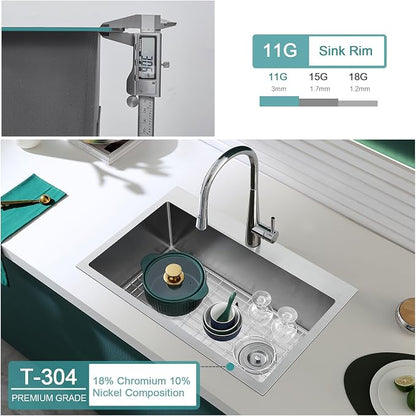 Brushed Topmount Kitchen Sink - 25”×18” Single Bowl Sink, Sink Grid | 9 Inch Deep Handmade Bar Sink with Strainer, Stainless Steel 304, Right Side Drain, X-Groove Drainage, Sound-Dampening Pad