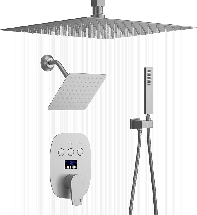 Shower System Brushed Nickel Shower Faucet Set with 2 Rain Shower Head(12+8 inch), Handheld Spray, with Temperature Display Function