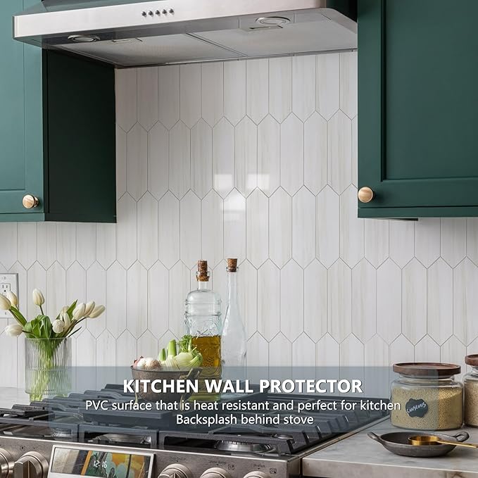 Vamos Tile 1 Sheet Glossy Dolomite White Backsplash Tile Peel and Stick, 12.8 x 12.8 Inch Long Hexagon PVC Self Adhesive Mosaic Wall Tiles Stick on Backsplash for Kitchen and Bathroom