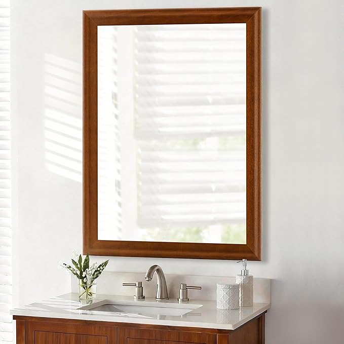 Tanmicoshomy Wood Bathroom Mirror 24 x 36 Inch, Solid Wood Framed Rectangle Mirrors with Shatter-Proof Glass for Living Room Bedroom Office or Entryway (Brown)